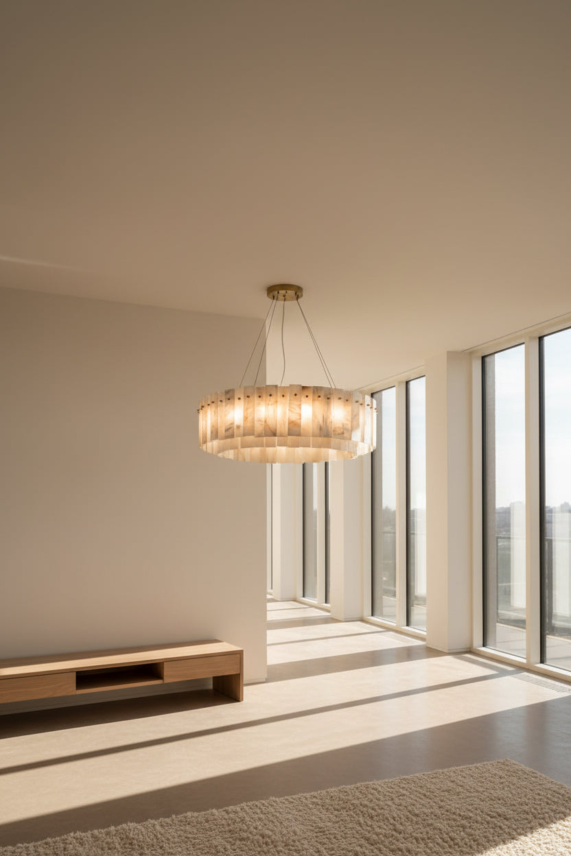 A Spanish alabaster double-tier pendant light with a brass canopy, hanging and illuminating a room with soft amber and ivory tones.