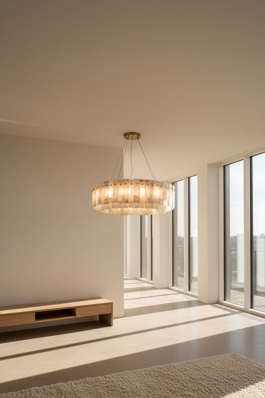 A Spanish alabaster double-tier pendant light with a brass canopy, hanging and illuminating a room with soft amber and ivory tones.